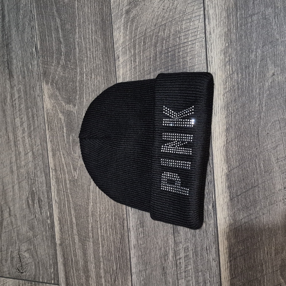 Victoria's Secret PINK Black Beanie with Rhinestone Logo